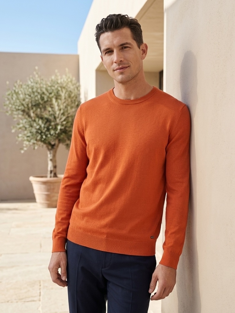 Boss Hugo Boss Men's Orange Crew Neck Pullover Sweater Slim Ft Cotton Size M
